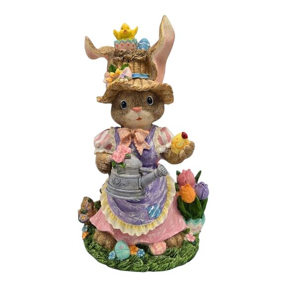 Dressed Rabbit VTG Figurine Easter Spring Cottage Decor Eggs Watering Can Tulips - Picture 2 of 11